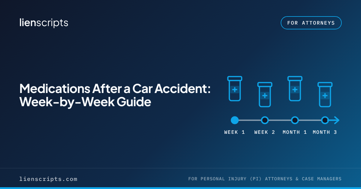 Medications After a Car Accident: Week-by-Week Guide title card with a week 1 to month 3 timeline and pill-bottle icons.