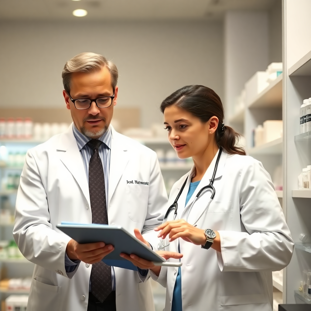 professional attorney reviewing medical data on tablet while pharmacist works in background, modern clean professional style