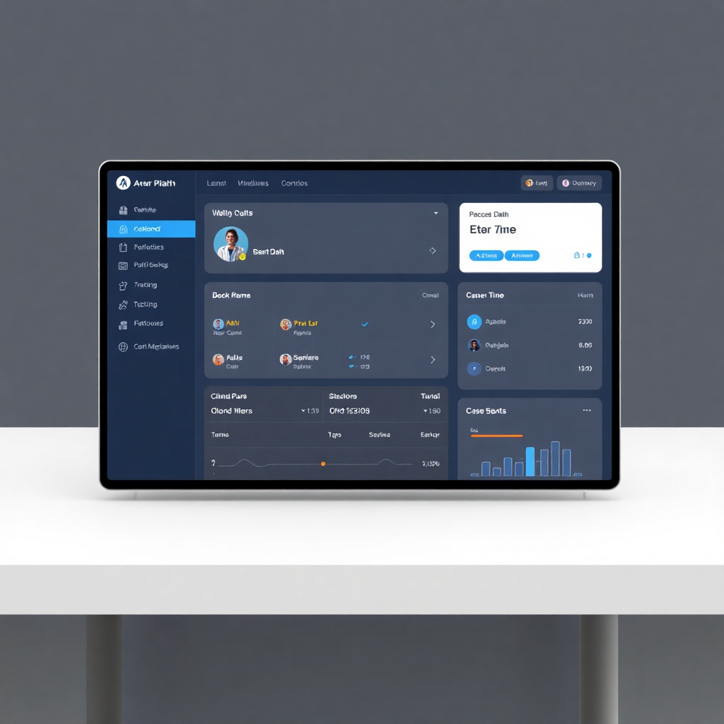 clean modern attorney portal dashboard interface showing client medication tracking and case data, professional legal software design