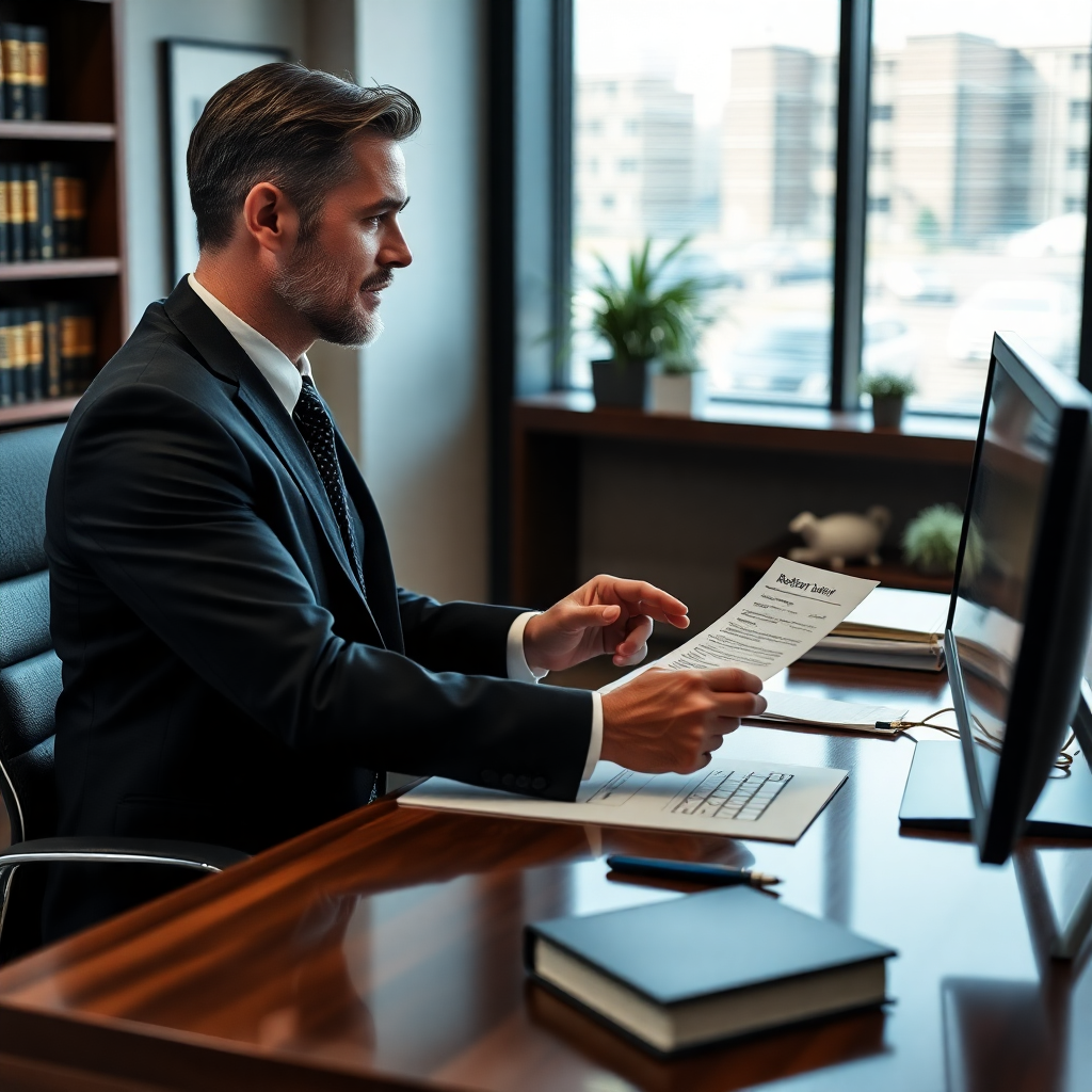 attorney at desk submitting referral form on computer, professional office setting, modern legal environment