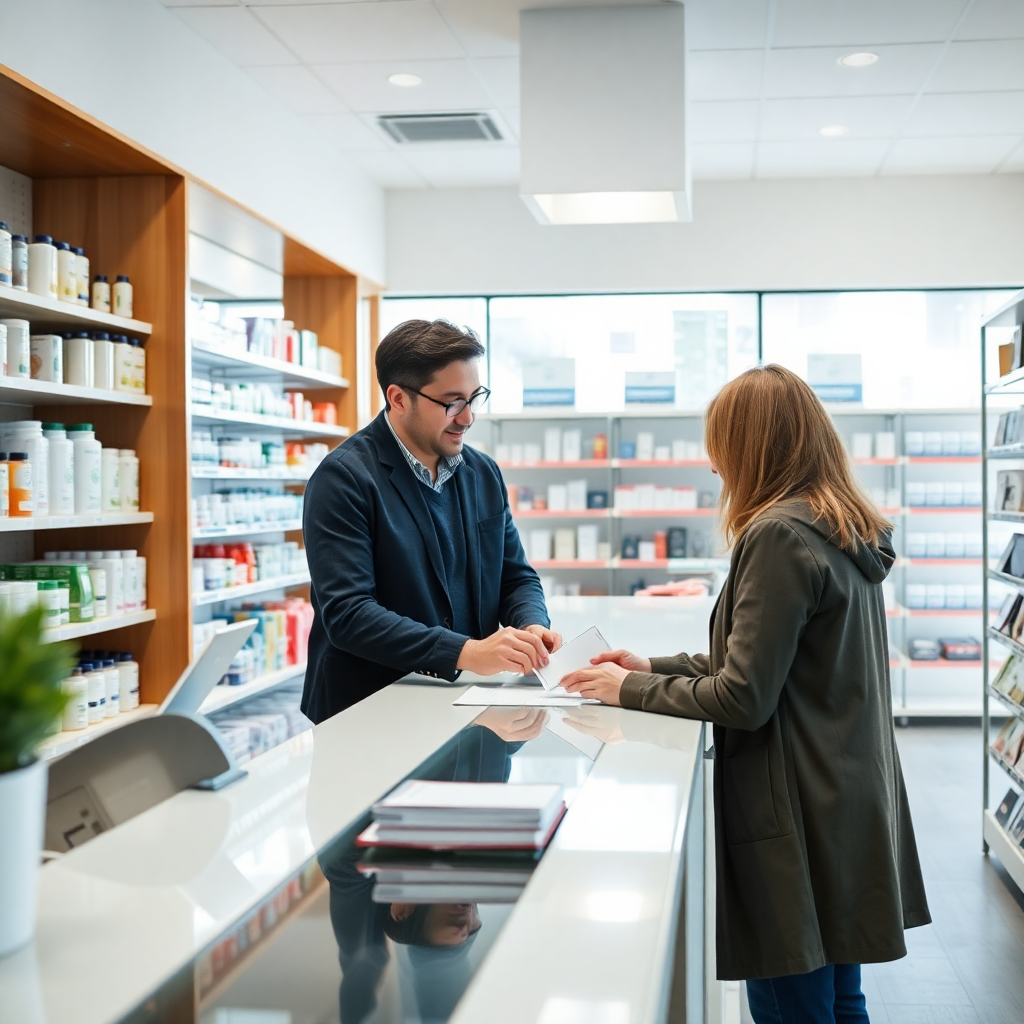 patient at pharmacy counter getting prescription filled, pharmacist helping customer, modern pharmacy interior