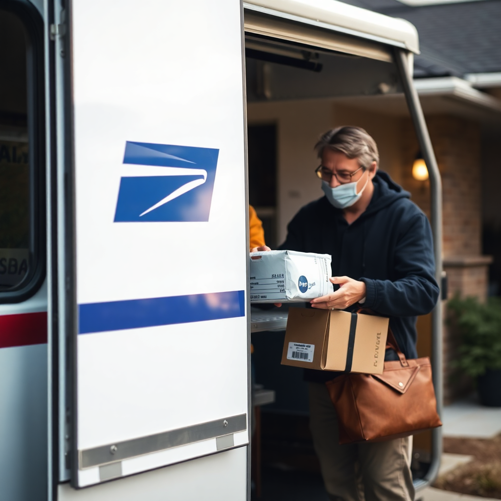 mail delivery truck delivering prescription package to patient at home, secure delivery, residential setting