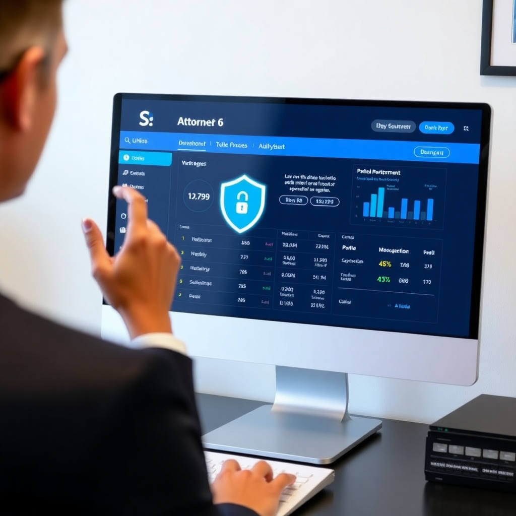 attorney viewing secure portal dashboard on computer screen, medication tracking interface, legal office environment