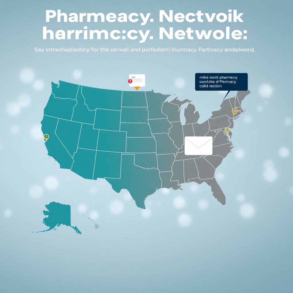 professional pharmacy network visualization with map overlay showing nationwide coverage and mail delivery service
