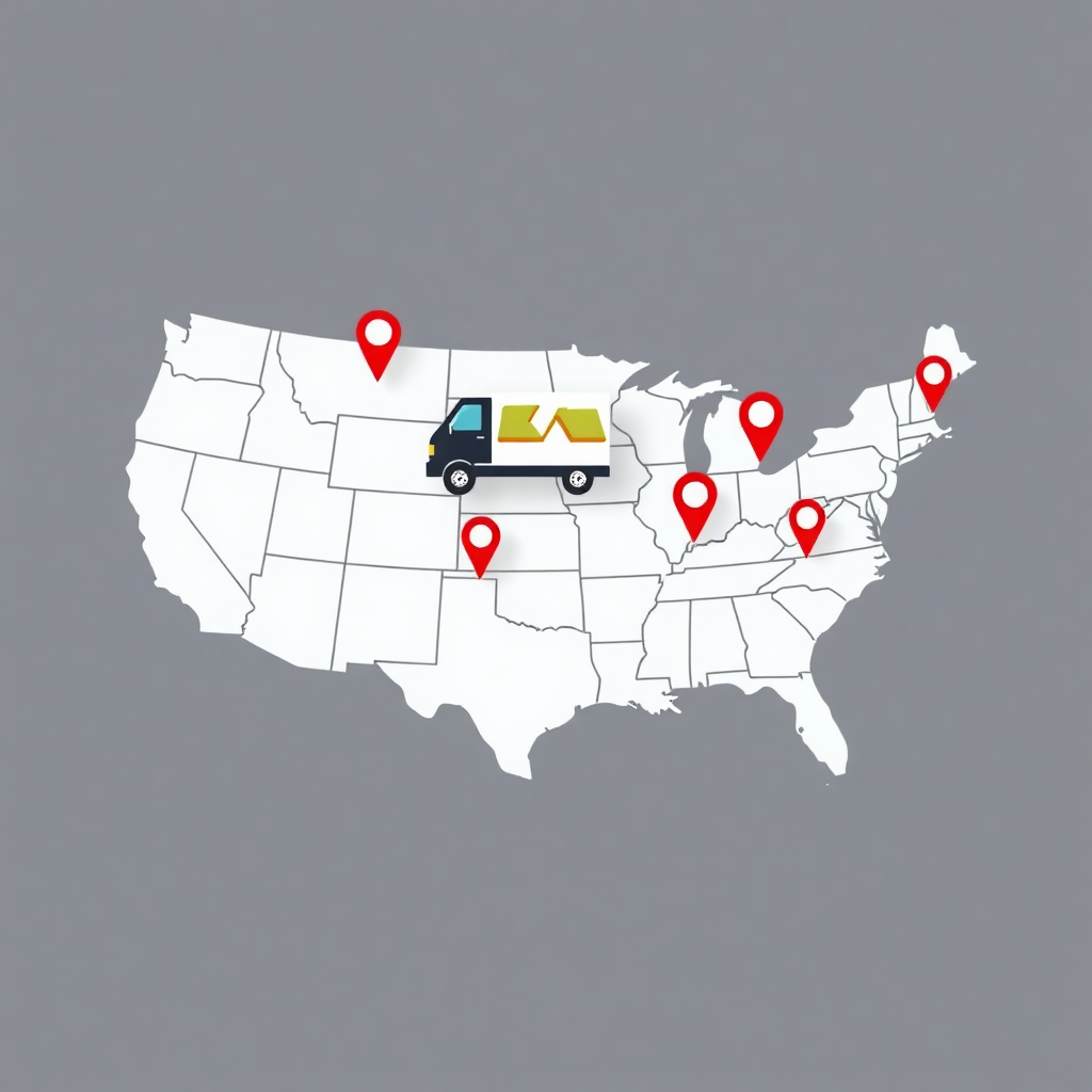 USA map with pharmacy coverage pins across all 50 states and delivery truck icon, professional clean style