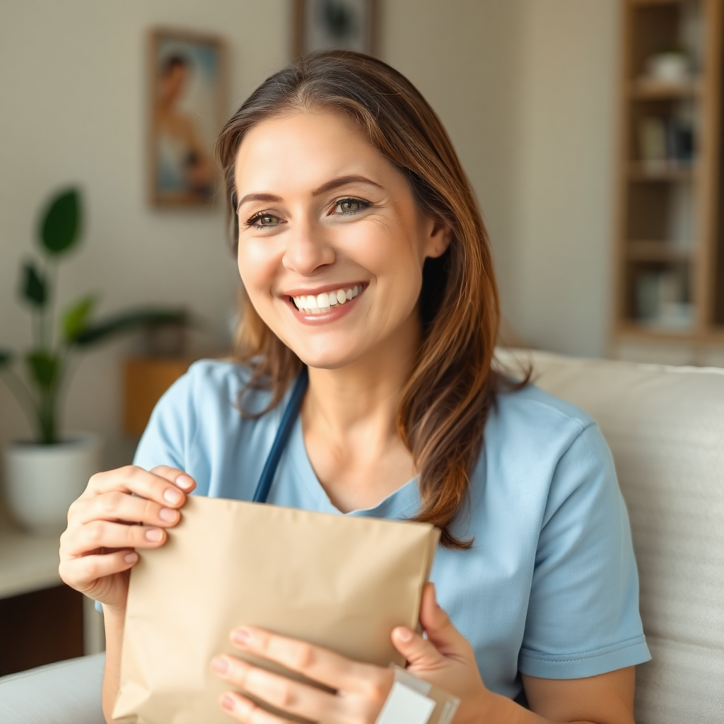happy patient at home receiving medication delivery package, smiling woman with healing bandage, bright and reassuring atmosphere