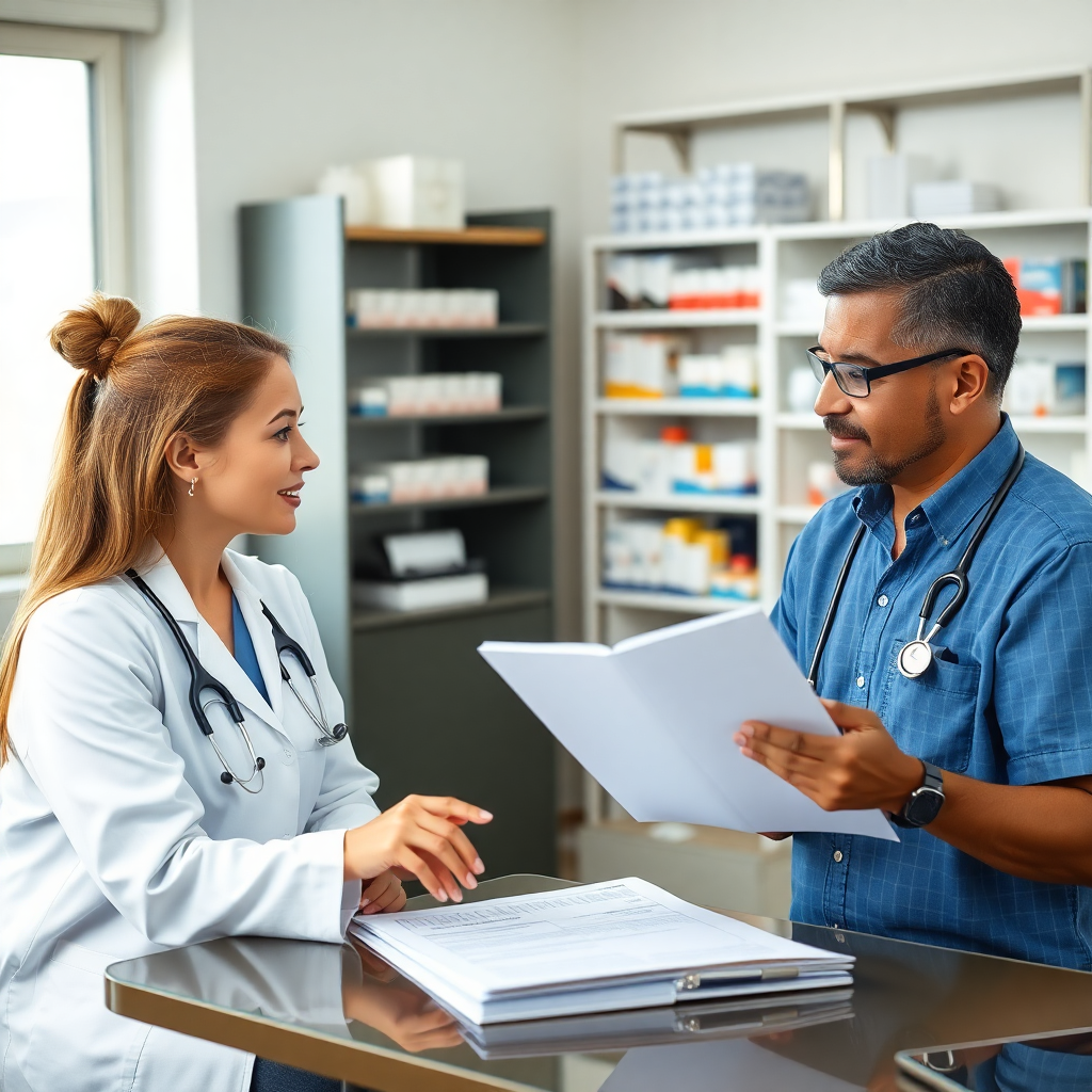 healthcare provider reviewing patient care plan, medical charts and pharmacy coordination, professional setting