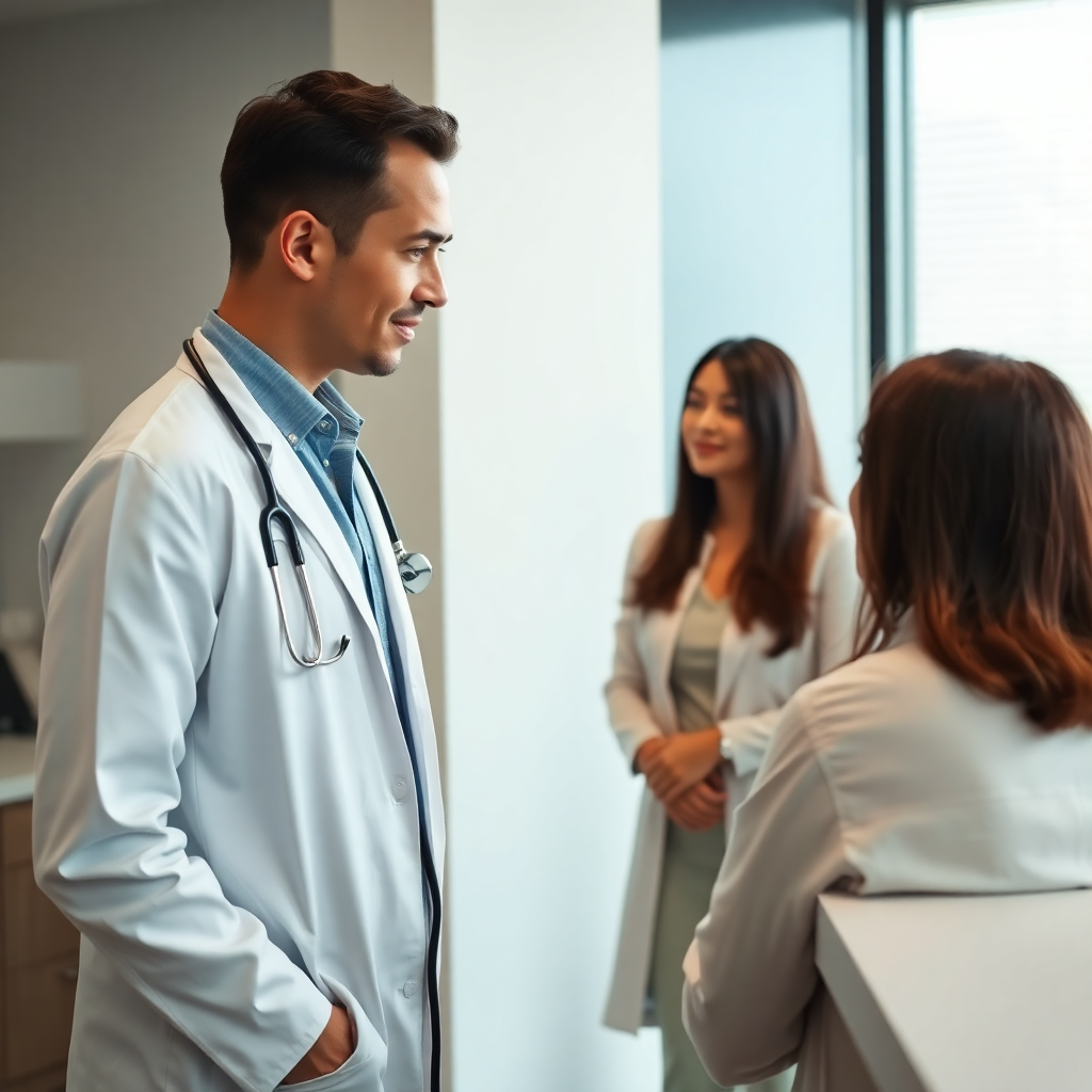 professional healthcare provider at desk referring patient, medical office setting, modern and clean